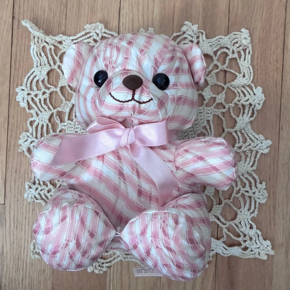 NWOT Saks Fifth Avenue Vintage Pink/White w/It. tan Striped Bear, stuffed muslin